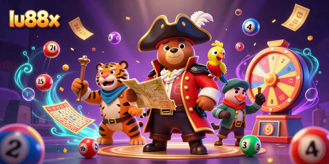 Engage with lu88x as a vibrant scene with a pirate captain bear, tiger first mate, and a parrot.
