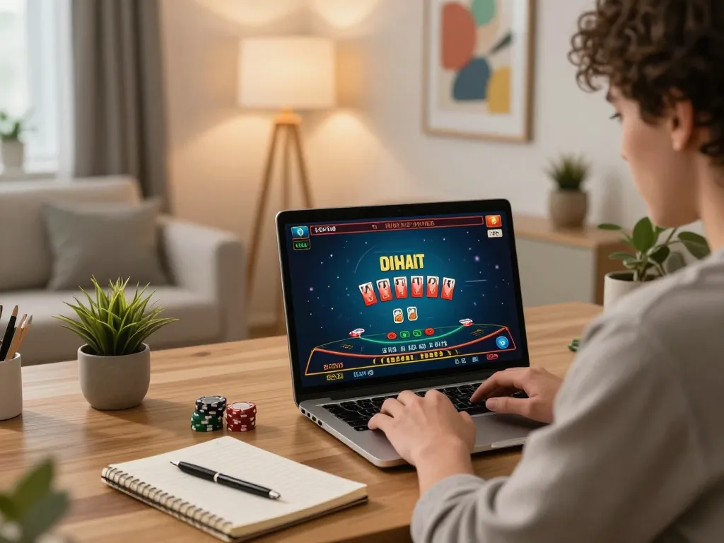 Player engaging in online blackjack on TG88 at home, highlighting strategic gameplay and cozy atmosphere.