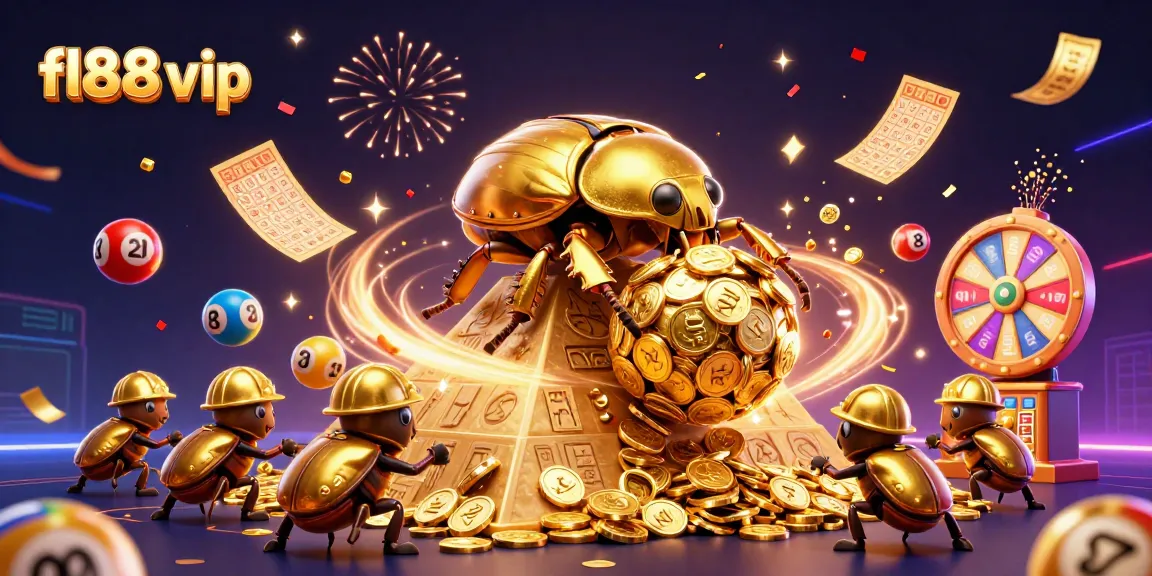 Engage with fl88 vip as a golden beetle rolls coins in a vibrant casino-themed illustration.