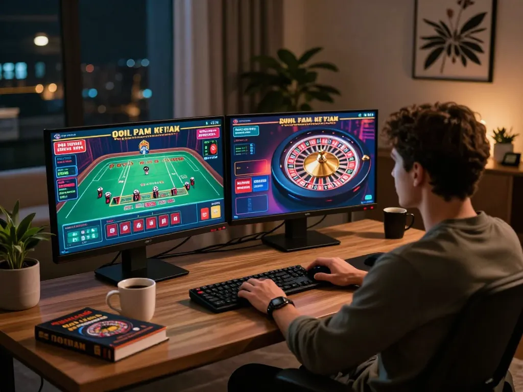 Navigating NK88 top online casino interface on dual monitors, engaged in blackjack and roulette games.
