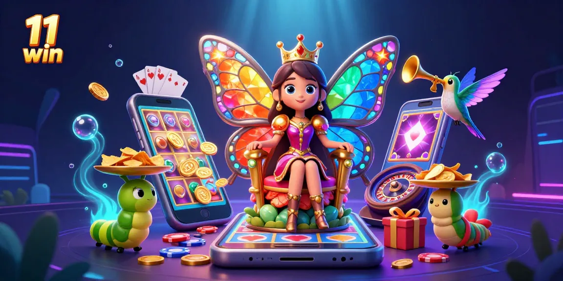 11 win illustration featuring a butterfly queen and gaming elements creating a magical casino atmosphere