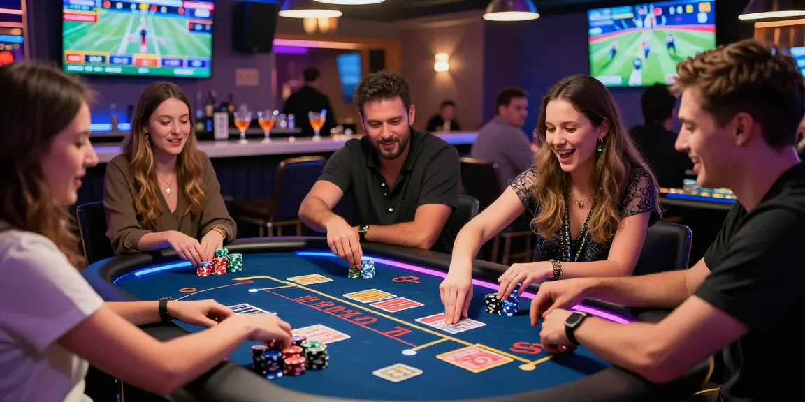 Excited players enjoying the vibrant atmosphere of non UK casinos with colorful lights and lively gaming.