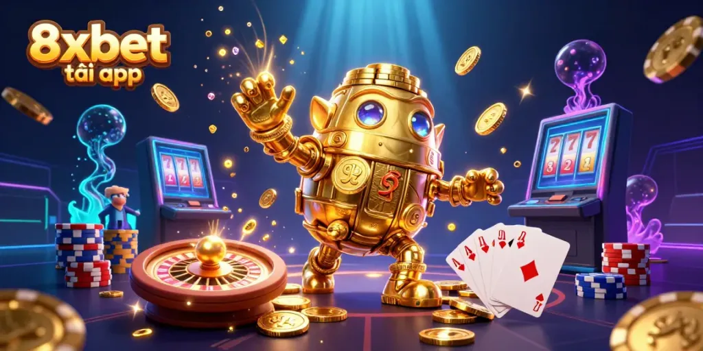 Engage with 8xbet tải app, showcasing a thrilling 3D casino scene with a golden golem and vibrant game elements.