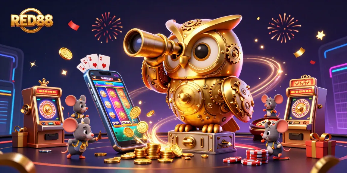 Engage in thrilling casino action at RED88 with the golden owl overlooking slot machines and festive elements.
