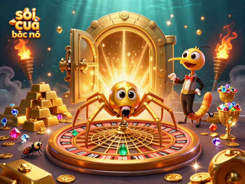 Soi cầu bạc nhớ illustration with a golden spider, roulette wheel, and treasure effects, emphasizing betting excitement