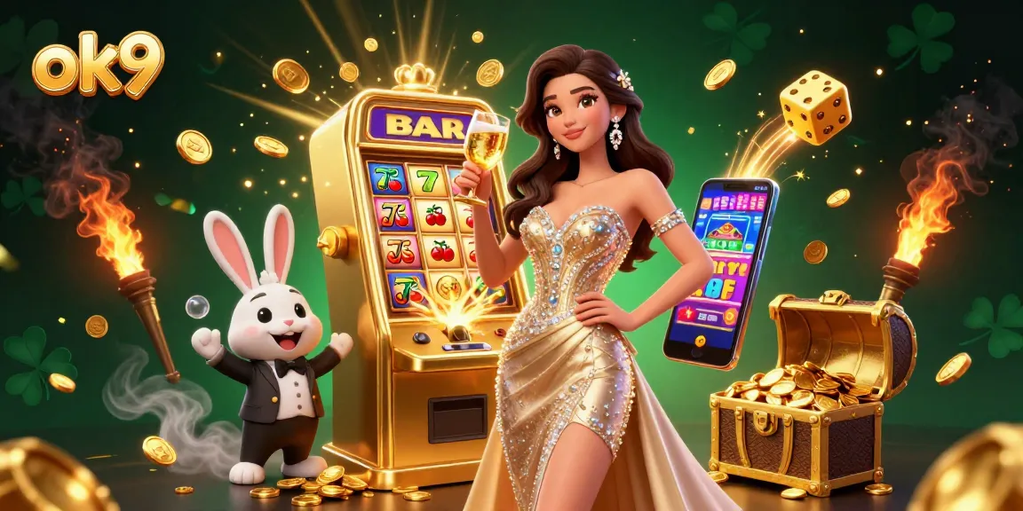 Experience the excitement at ok9 with a glamorous woman toasting beside a jackpot slot machine, capturing thrilling moments.