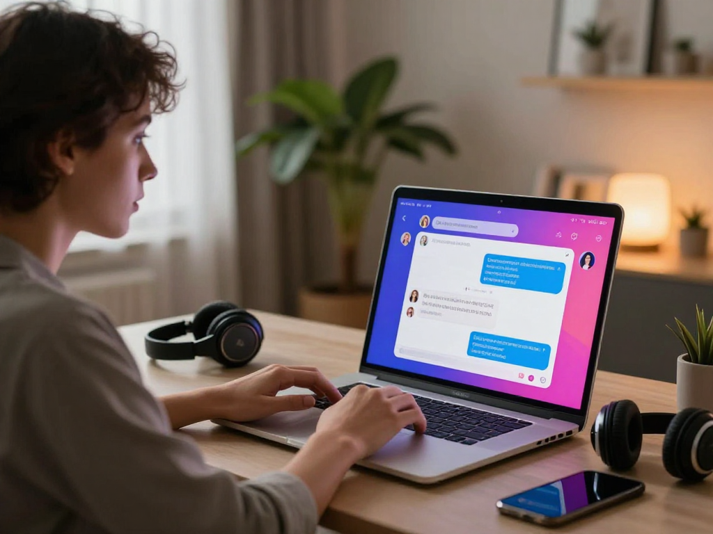 User engaged in a porn AI chat on a modern laptop in a cozy home office.
