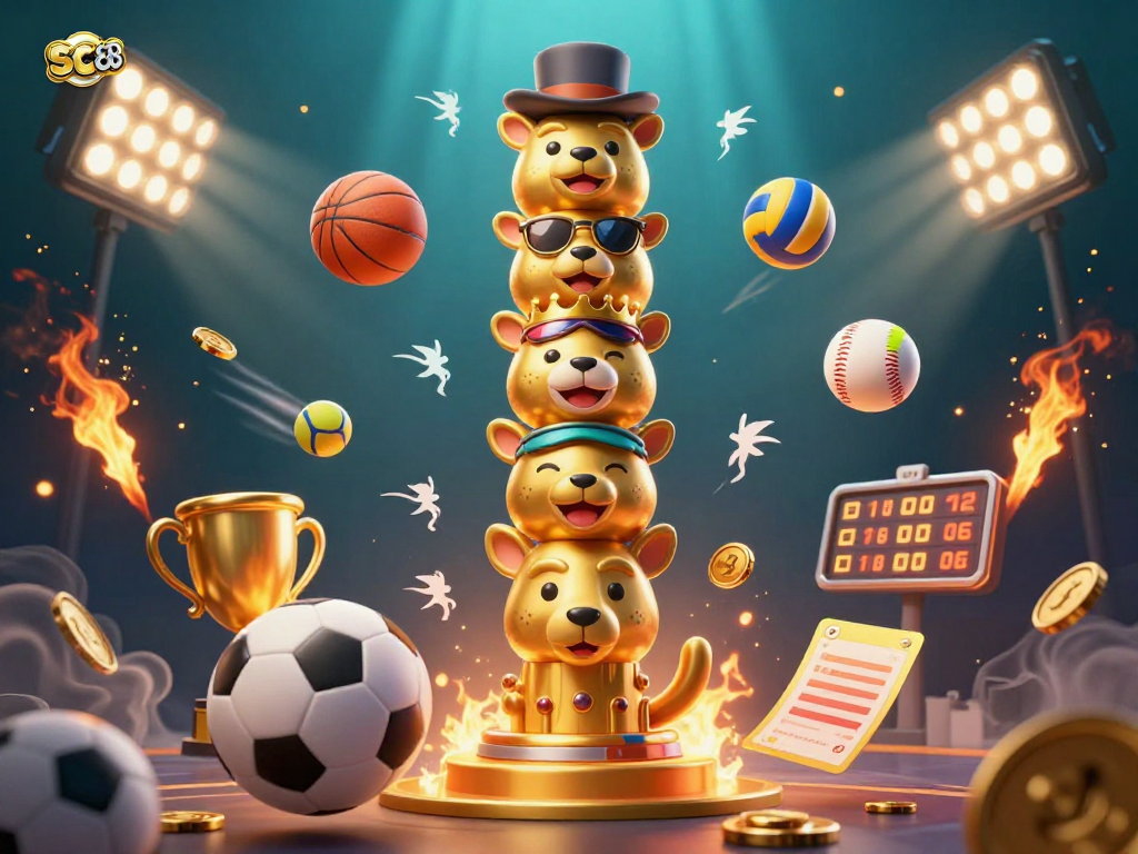 Experience the vibrant world of sports betting with SC88, featuring colorful totem art and flying sports balls.