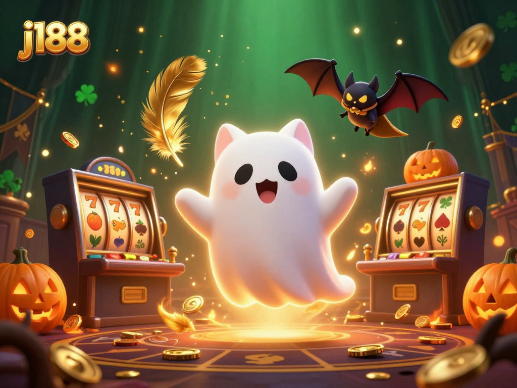 Experience thrilling wins at j188 with a friendly ghost cat and vampire bat in a vibrant casino.