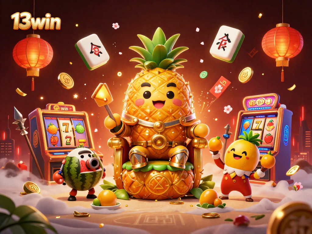 Engage with 13win’s vibrant casino scene featuring a golden pineapple king amidst slot machines and festive elements.