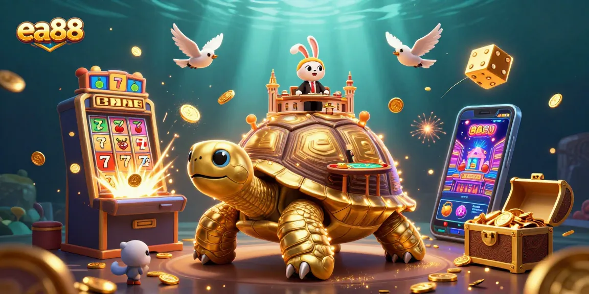 Join the excitement with ea88 as a golden tortoise brings a vibrant casino experience surrounded by riches.
