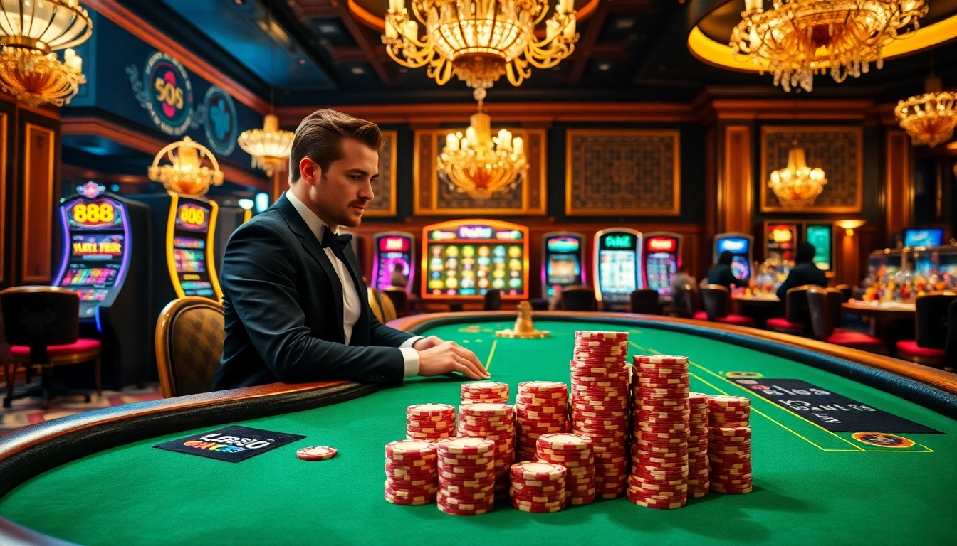 Experience the excitement of 888b km at a luxurious blackjack table in a vibrant casino environment.