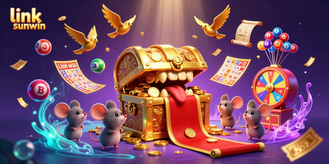 Engage in excitement with link sunwin as adventure mice approach a treasure chest amidst vibrant casino elements.