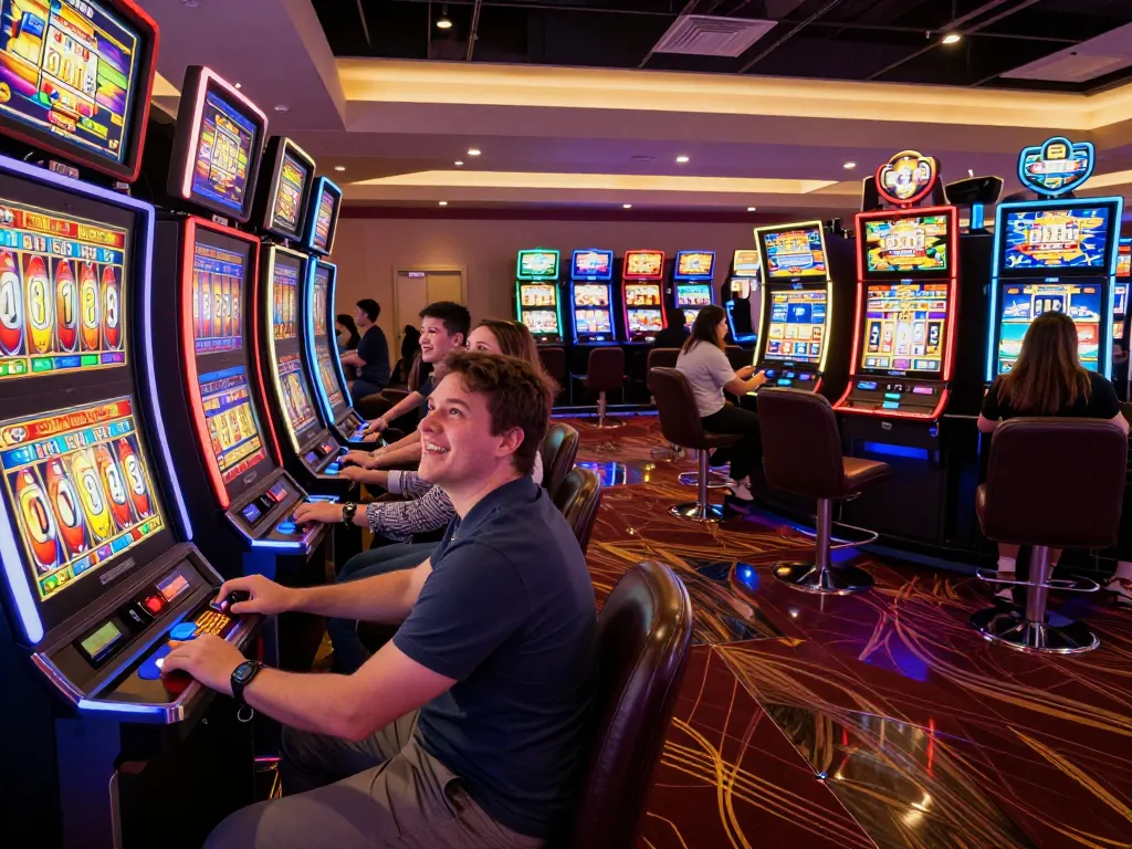 Engaging players at vibrant slot machines, enhancing Slot Malaysia excitement in a captivating casino atmosphere.