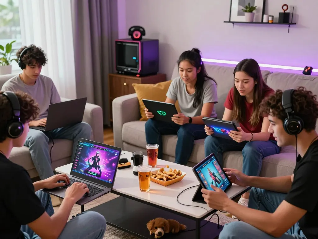 Engaging scene of friends enjoying sex games on multiple devices in a vibrant living room.