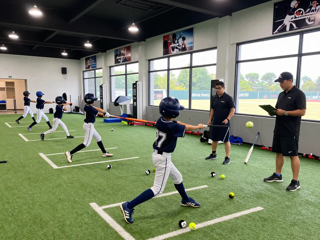 Young athletes training at hitclub indoor baseball facility, perfecting their swings.