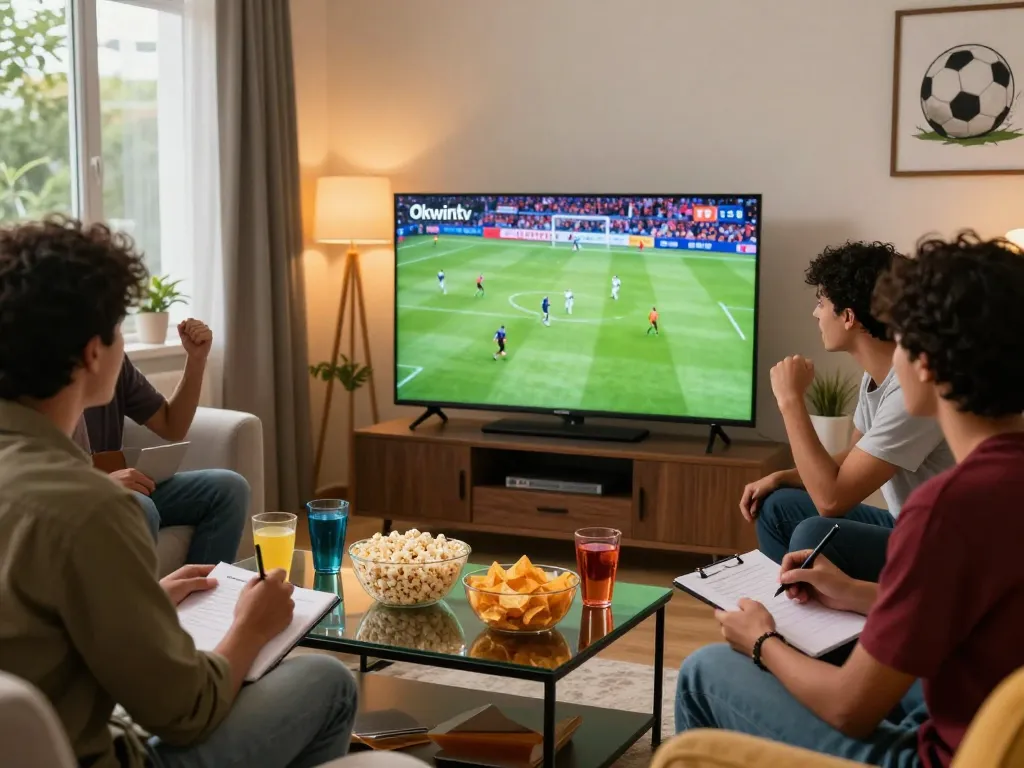 Friends enjoying a football match on Okwintv, lively living room atmosphere with snacks and drinks.