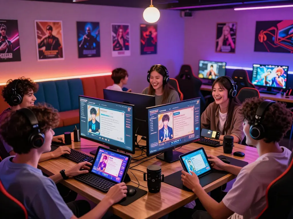 Engaged players enjoying a porn game on multiple devices in a vibrant gaming lounge.